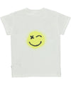 Back of the teen white tee shirt with a big yellow smiley face on the back that is winking | Kids' Swimsuits | Miami, FL & White Plains, NY