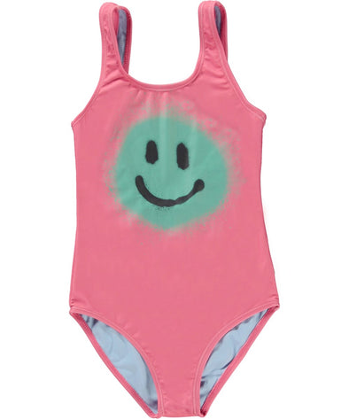 Coral one-piece swimsuit with green smiley face | White Plains, NY