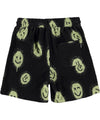 Back of the teen black terry cloth shorts with yellow smiley face print all over them, pocket on right side | Kids' Swimsuits | Miami, FL & White Plains, NY