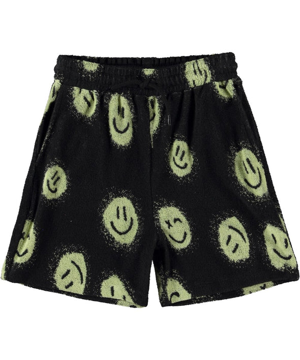 Teen black terry shorts with yellow smiley face print on them | Kids' Swimsuits and covers | White Plains, NY & Miami, FL