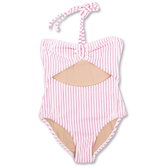 Pink Stripe Terry Halter Cutout Swimsuit