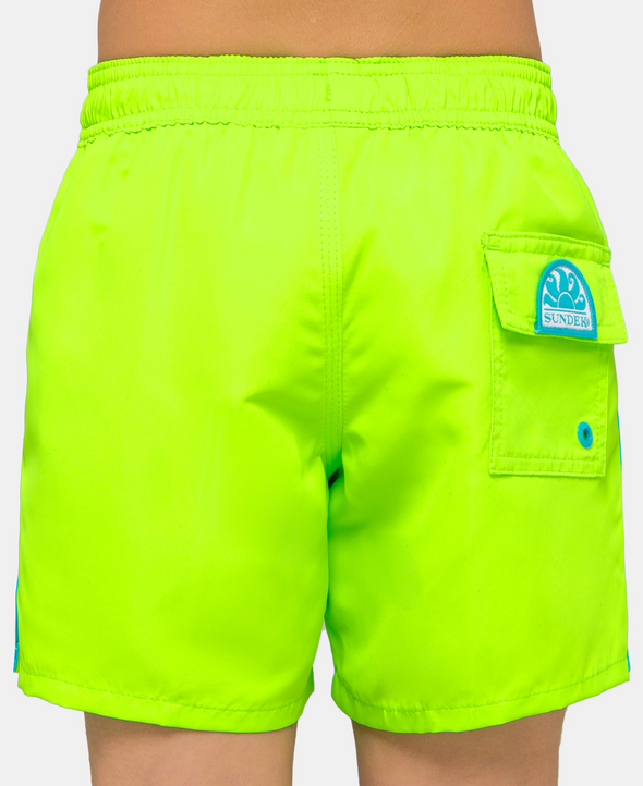 Neon Green Mini Coltrane Swim Shorts for Boys, Close Up