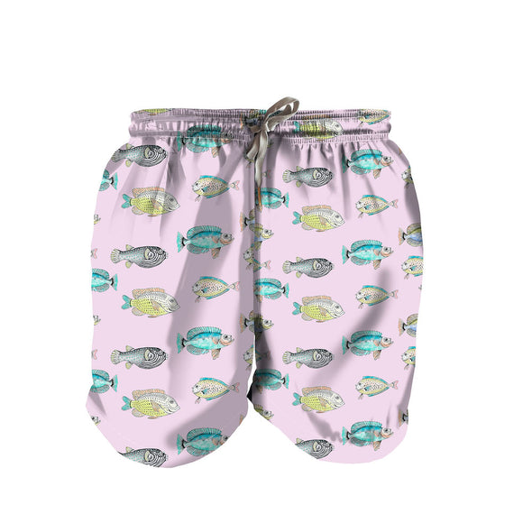 Pink designer swimwear for boys featuring fish print