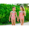 Two Girls Wearing Matching Swimsuits with Fruit Salad Print