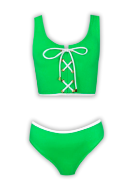 Tween girl green two piece swim suit with white lace up tie detail | Kids' Swimsuits | Miami, FL & White Plains, NY