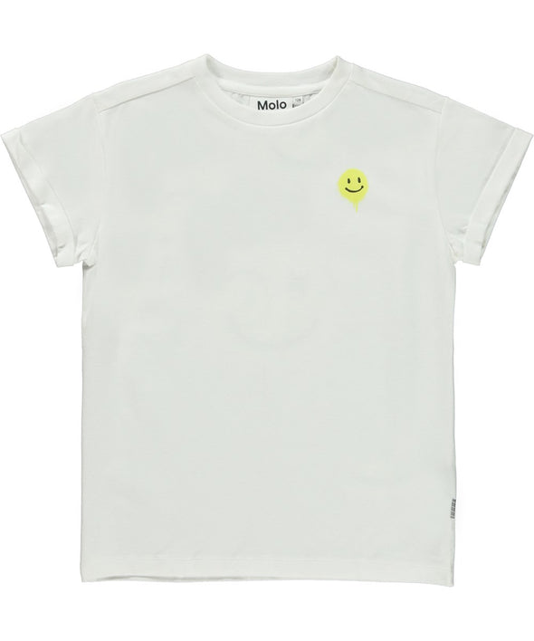 Teen white randon tee shirt with small yellow smiley face on the right corner of the chest | Kids' Swimsuits | Miami, FL & White Plains, NY