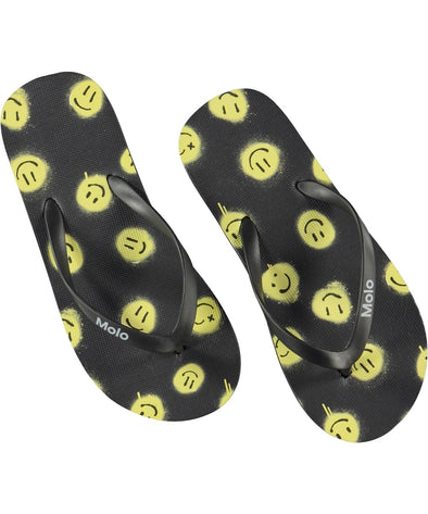 Molo teen black flip flop sandals with yellow smiley face print | Kids' Swimsuits | Miami, FL & White Plains, NY